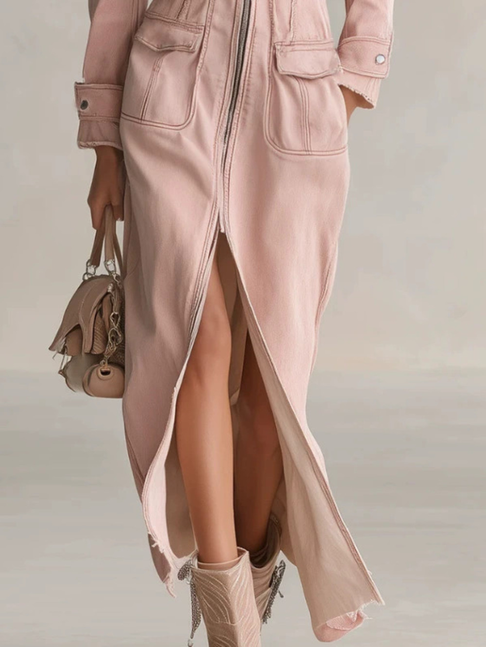 H&M Womens Trendy Casual Pink Denim Long Sleeve Shirt Dress